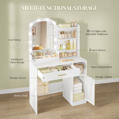 Kaptafel – Make-uptafel – Schminktafel – Visagiekast – Toiletmeubel – Wit – Ovale Spiegel – Veel Opbergruimte – Stevig MDF