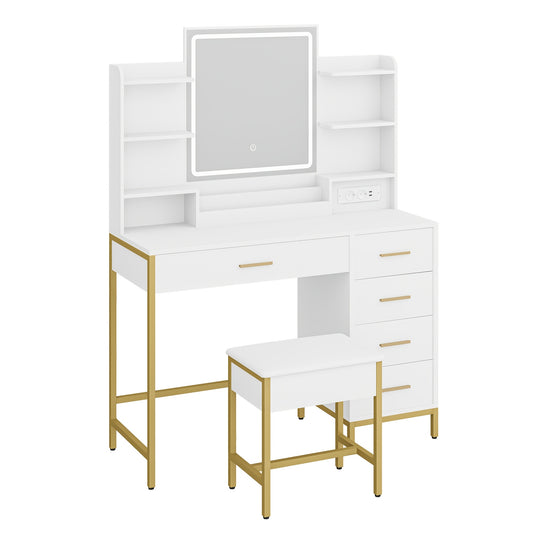 Make-up Tafel – Toilettafel – Kaptafel – Beauty Tafel – Visagie Tafel – Wit – Verstelbare Touchscreen LED Verlichting – 5 Lades Met USB- en Stopcontacten