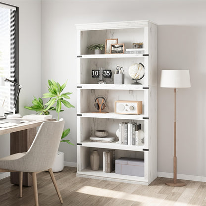Boekenkast – Boekenrek – Boekenkast Open – Opbergkast – Wandkast – 5-laags – Wit Hout – Landelijke Stijl – Stevig A-Frame – Vrijstaand – Ruime Opbergruimte – Eenvoudige Montage