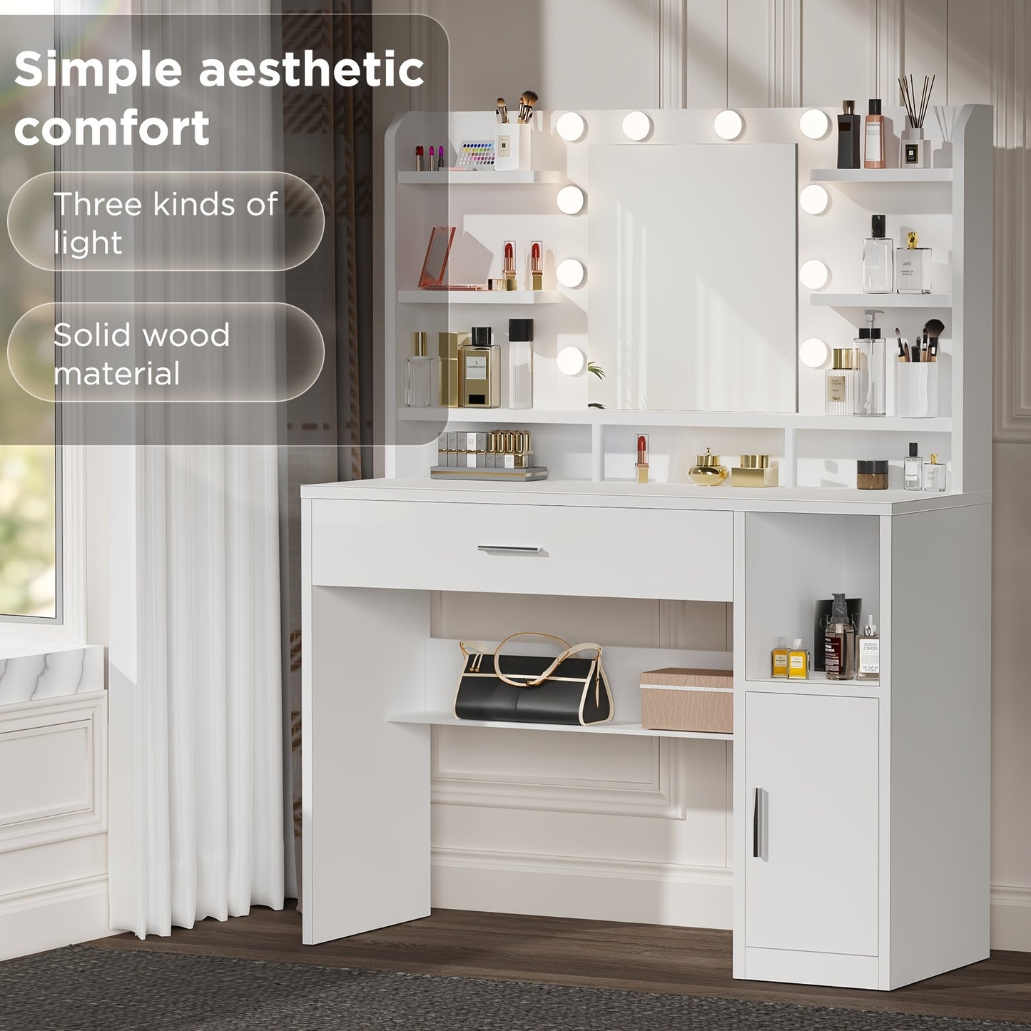 Kaptafel – Make-up Tafel – Dressing Table – Cosmeticatafel – Spiegeltafel – Wit – LED Verlichting Met Instelbare Helderheid – Opberglades En Open Vakken