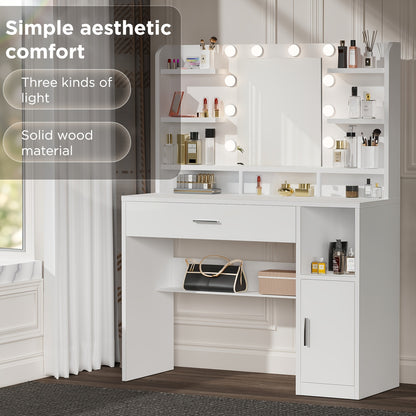 Kaptafel – Make-up Tafel – Dressing Table – Cosmeticatafel – Spiegeltafel – Wit – LED Verlichting Met Instelbare Helderheid – Opberglades En Open Vakken