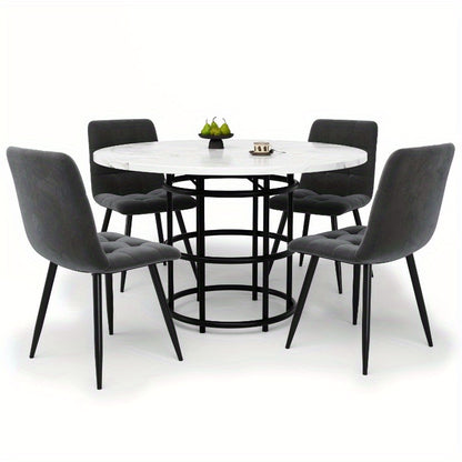 Eettafelset – Eethoek – Eetkamerset – Keukentafelset – Zitgroep – Ronde 100 cm Tafel – Wit Marmerlook Plastic Blad – Grijze Stoffen Stoelen – Compact & Onderhoudsvriendelijk