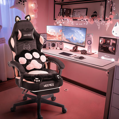 Gamingstoel – Bureaustoel – Gamestoel – Office Chair – Computerstoel – Ergonomisch Design – Verstelbare Voetensteun – Lichtroze Met Kattenoren – Inclusief Lendenkussen – Draagkracht 136 kg