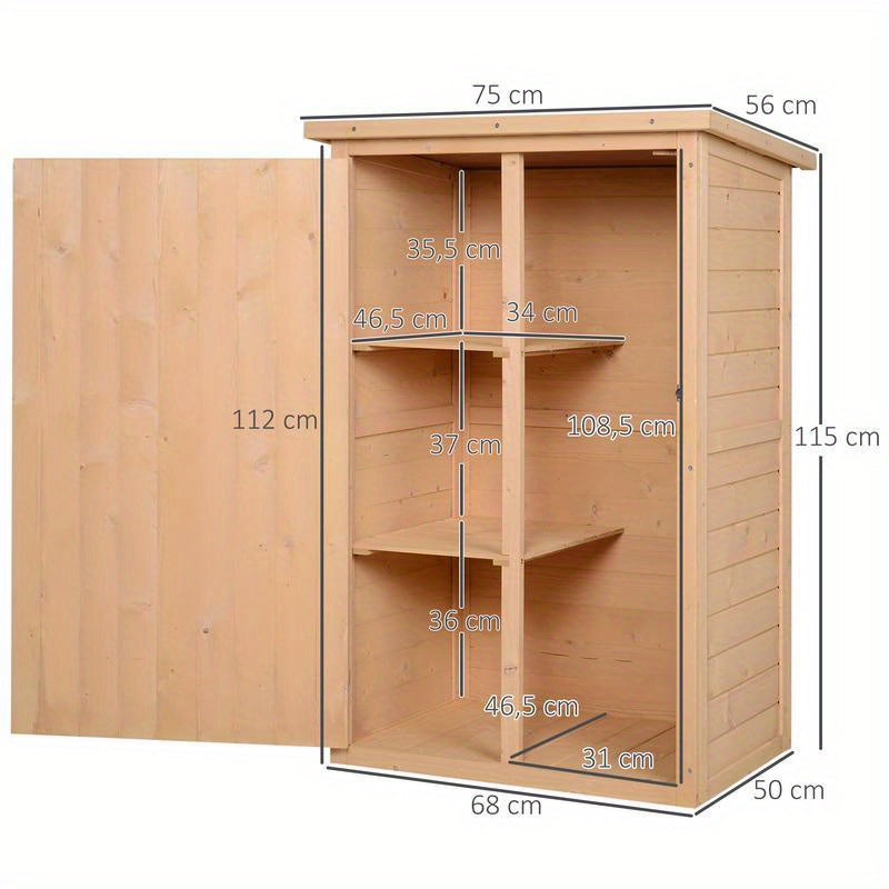 Weather-resistant garden shed with shelf boards, 75 x 56 x 115cm, natural wood, Storage Shed with Floor, Backyard Shed, Equipment Shelter, Rustic Shed, Sturdy Construction, Metal Frame, Reinforced Structure, Shelving Unit, Pr