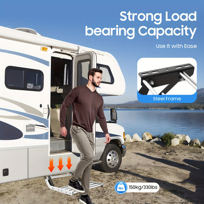 Instaptrap Camper – Opvouwbare Trap – Caravan Trap – Bus Instap – Enkele Trede – Aluminium Legering – Antislip Voetplaat – Draagkracht 150 kg – Zilver