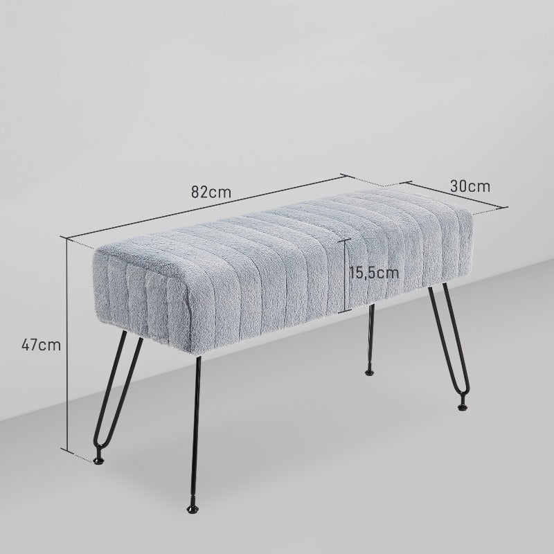Schoenenbank – Opbergbank – Halbankje – Zitbankje – Kapstokbank – Gevoerd zitvlak met faux bont – Grijze metalen poten 82x30x47 cm