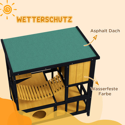 Kattenhuis – Kattenhok – Kattenverblijf – Kattenhut – Buitenhuis – Weerbestendig Hout – Speelplatform & Loopbrug – Groen + Nature – 84,5 x 60 x 88 cm
