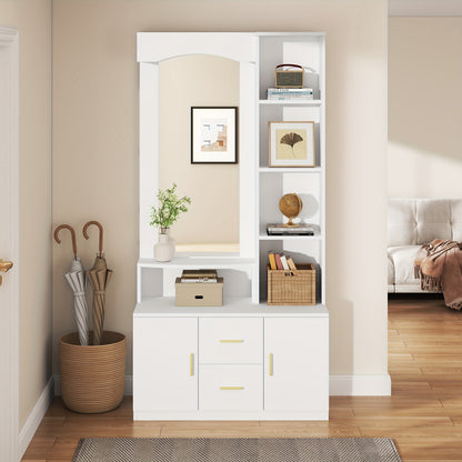 Multifunctional Entryway Cabinet with Storage Space, Shoe Cabinet, and Mirror | 2 Drawers and 2 Cabinets, Drawer Unit with Shelves, White, Floor Mount, Classic Style