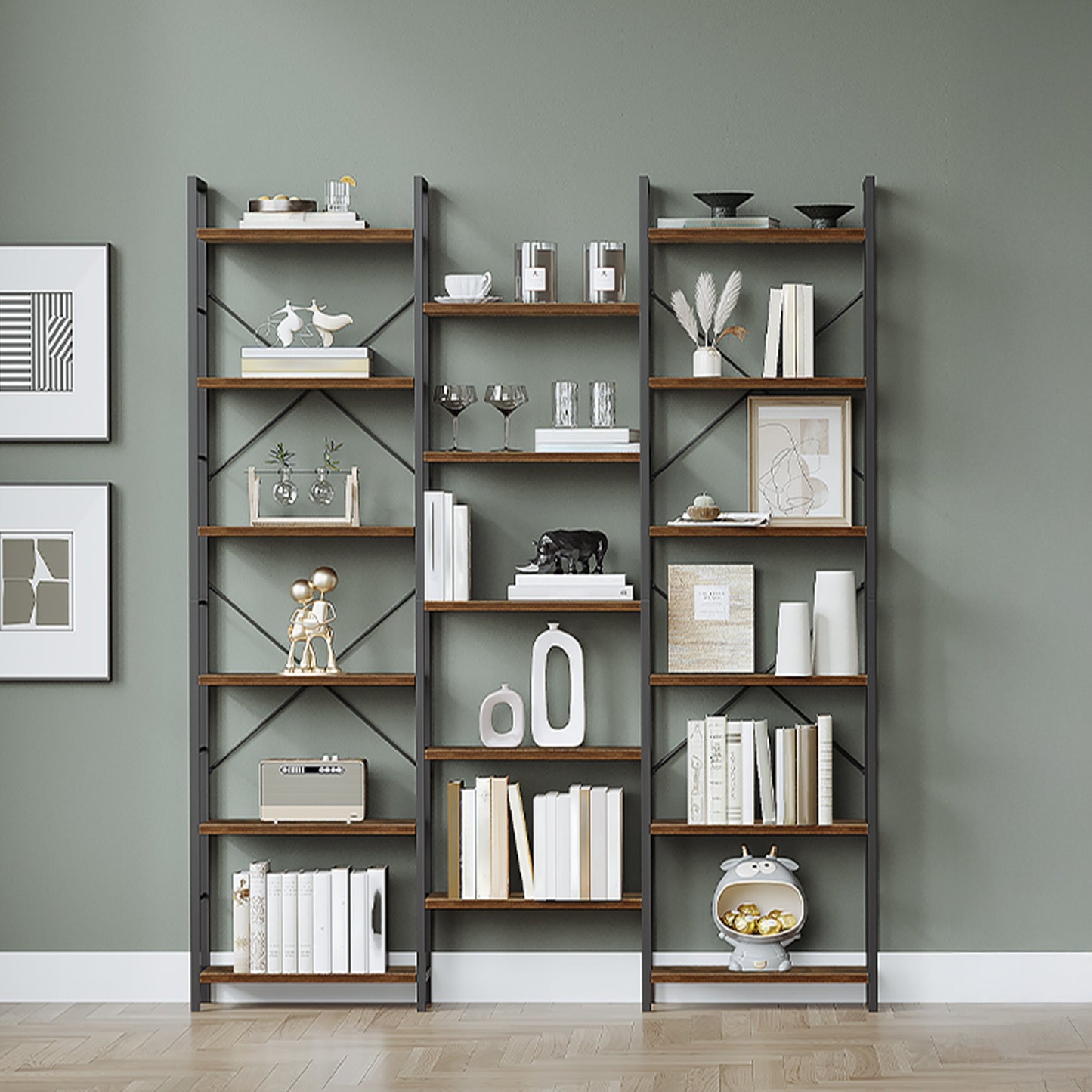 Boekenkast – Vrijstaand Rek – Wandkast – Open Kast – Boekenplank – Vintage Bruin-Zwart – 17 Schappen – Verstelbare Indeling 24x152x186 cm – Draagkracht 340 kg