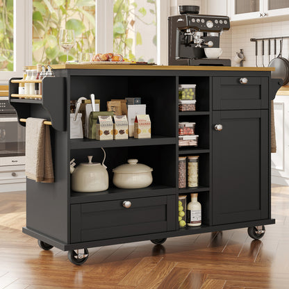 Keukeneiland – Keukenwagen – Keukentrolley – Mobiel Keukeneiland – Keukenkar – Mobiel Opbergrek – Wieltjes – MDF Werkblad – 129x46x92 cm – Zwarte Basis met Lichtbruin Werkblad