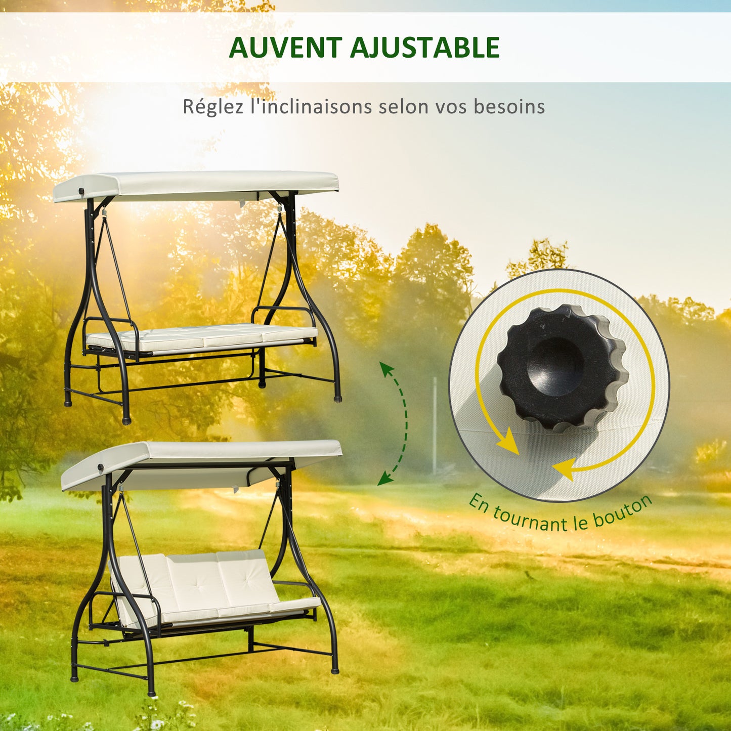 3-zits Tuinbank Schommel – Tuinbank Schommelbank – Buitenschommel – Tuinbank Ligbed – Licht Beige – Verstelbaar Zonnescherm – 8 cm Dik Kussen – Epoxy Gecoat Metaal