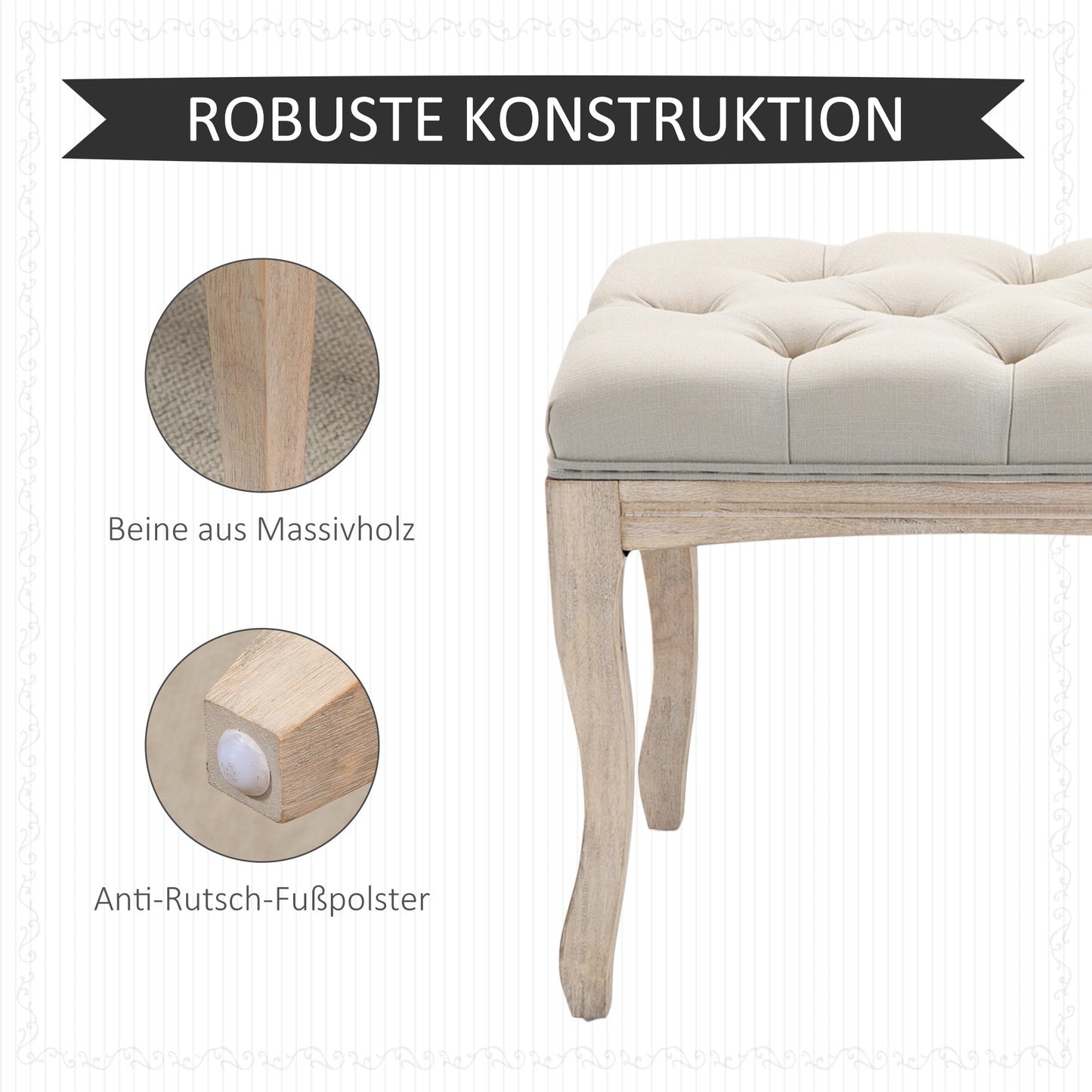 Gestoffeerde Bank – Schoenenbank – Zitbank – Opbergbank – Voetenbank – Linnen Bekleding – Houten Frame – 110 x 40 x 48 cm – Beige