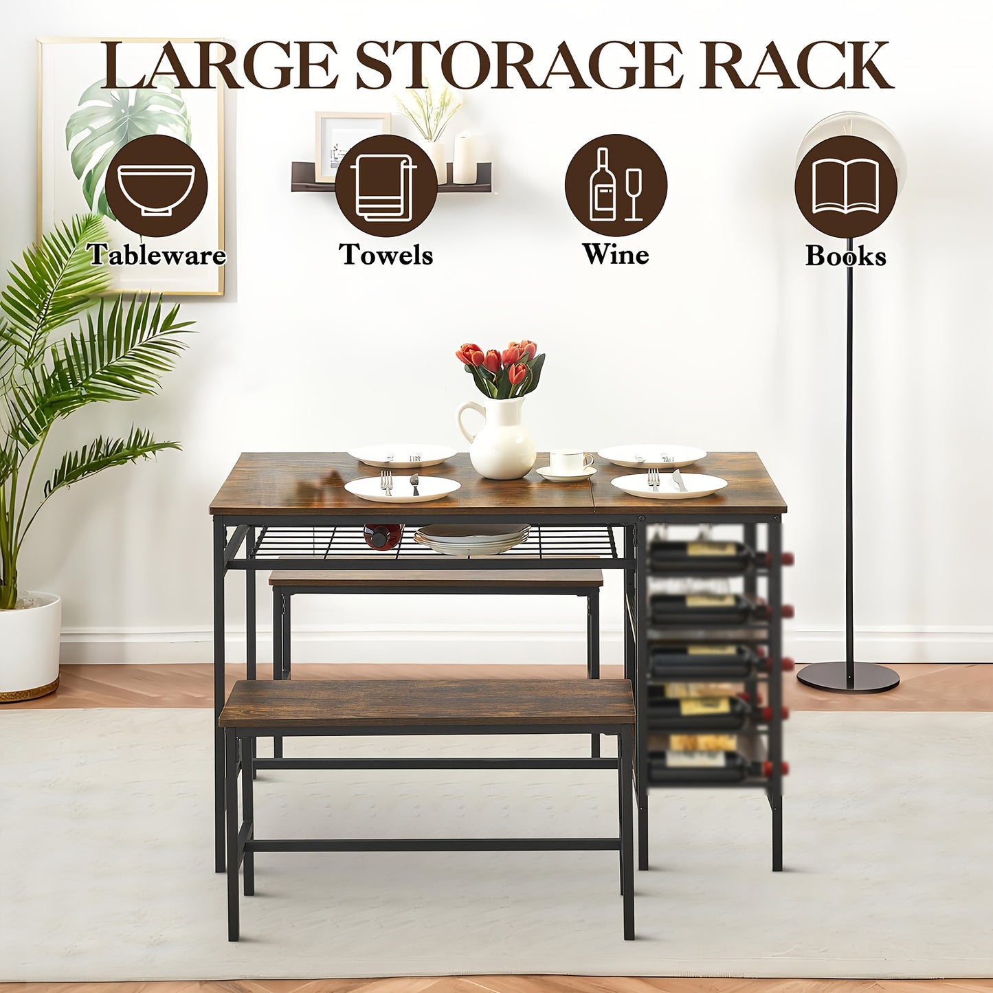 Eettafelset – Tafel Met Banken – Compacte Eetkamer Set – Keukentafel – Wijnrek – Hardhouten Rustiek Design – Ruimtebesparend Met Opbergruimte – Geschikt Voor 4 Personen