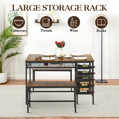 Eettafelset – Tafel Met Banken – Compacte Eetkamer Set – Keukentafel – Wijnrek – Hardhouten Rustiek Design – Ruimtebesparend Met Opbergruimte – Geschikt Voor 4 Personen