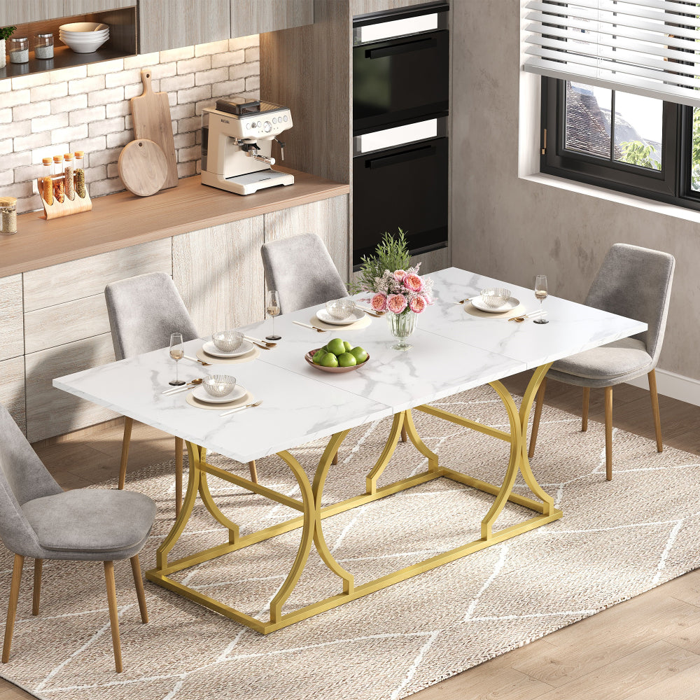 Eettafel – Dinertafel – Tafel – Keukentafel – Eetkamertafel – Extra Lang 200x80 cm – Marmerlook Blad 2,5 cm – Gouden Metalen Poten