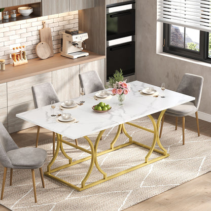 Eettafel – Dinertafel – Tafel – Keukentafel – Eetkamertafel – Extra Lang 200x80 cm – Marmerlook Blad 2,5 cm – Gouden Metalen Poten