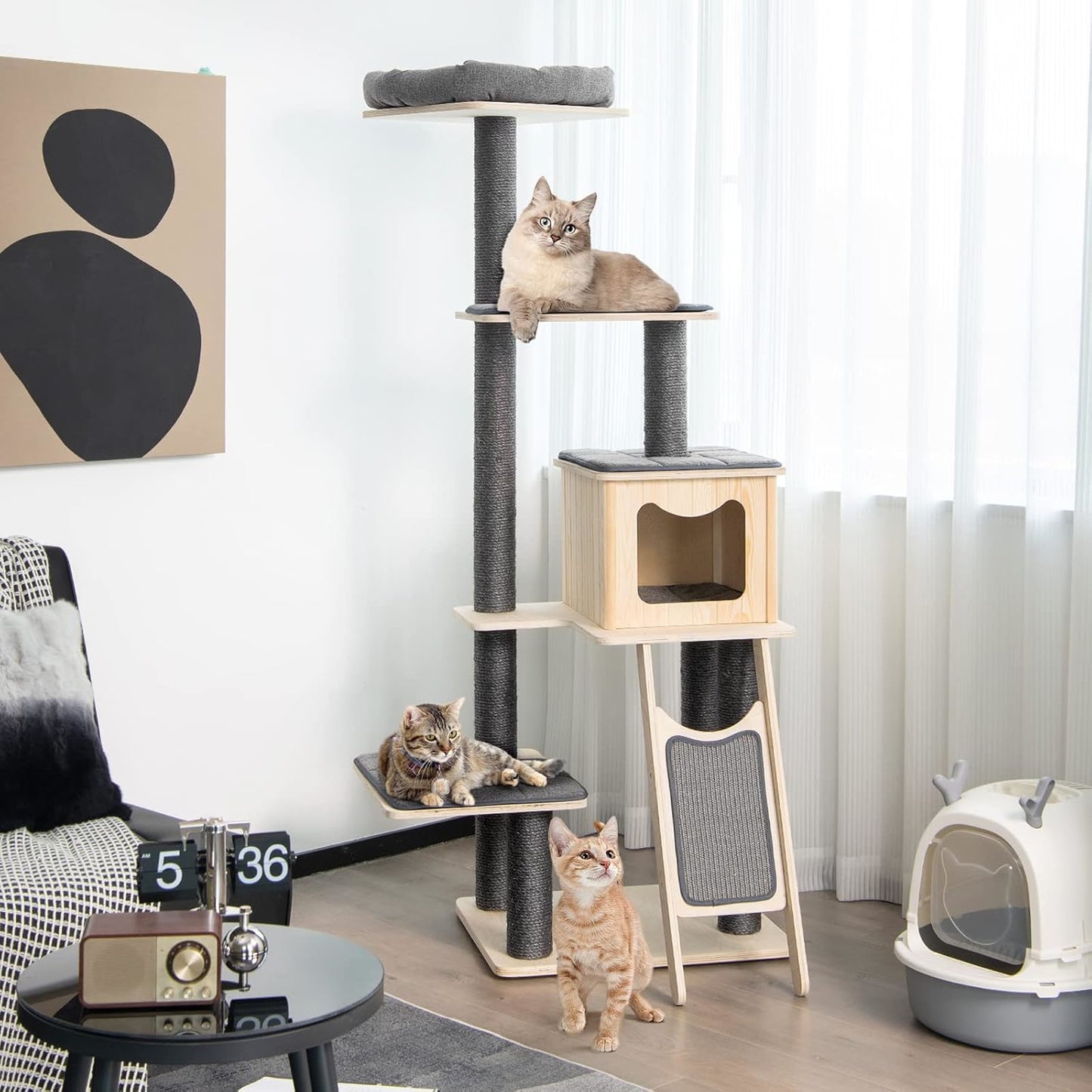 Krabpaal – Kattenboom – Krabmeubel – Kattentoren – Kattenhuis – Volledig Sisal – Pluche Mand – Ruime Condo – Modern Design
