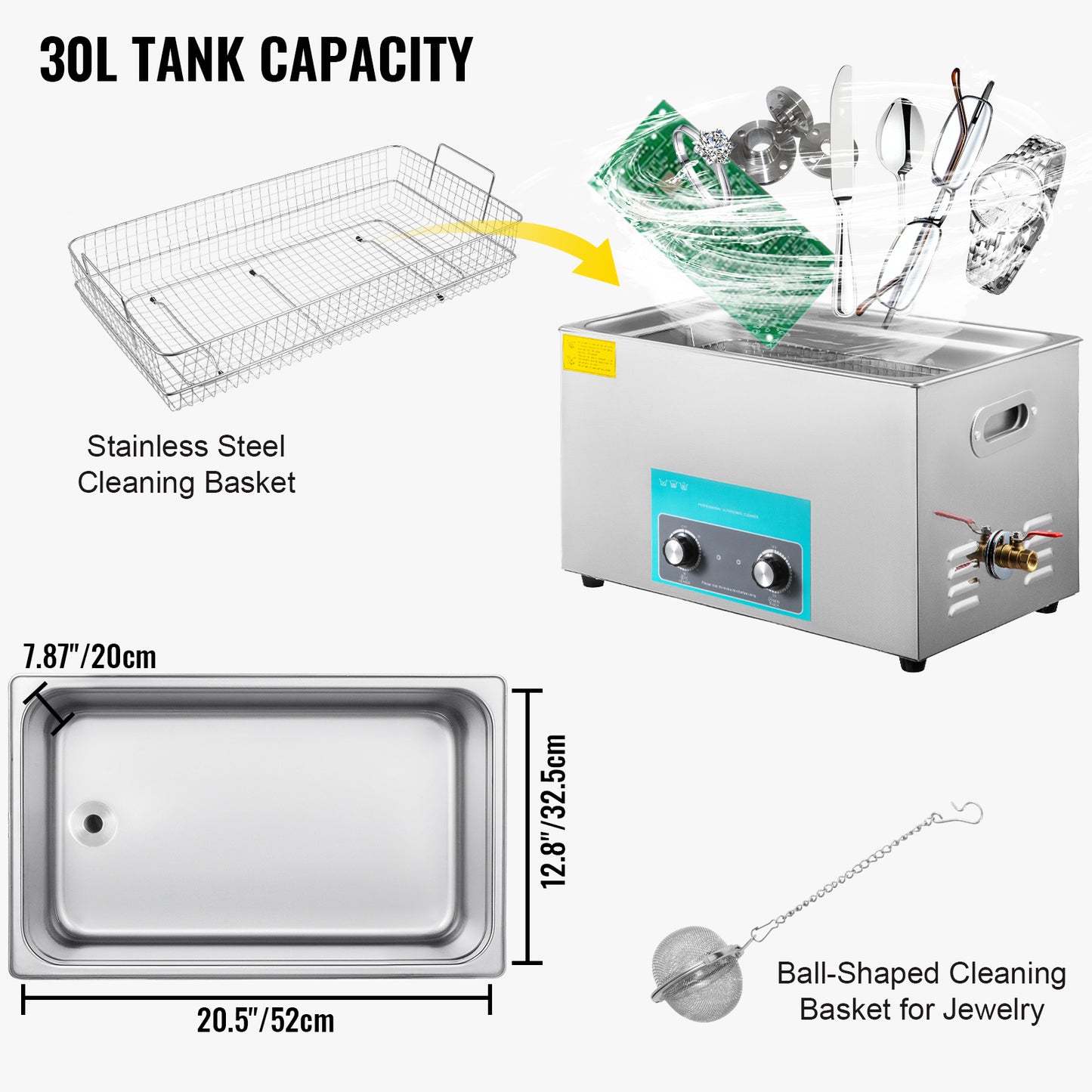 Ultrasone Reiniger – Ultrasonic Cleaner – Ultrasoon Schoonmaker – Ultrasoon Reinigingsapparaat – Ultrasone Tank – 30 Liter Capaciteit – Roestvrijstalen Behuizing met Timer en Verwarming
