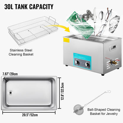 Ultrasone Reiniger – Ultrasonic Cleaner – Ultrasoon Schoonmaker – Ultrasoon Reinigingsapparaat – Ultrasone Tank – 30 Liter Capaciteit – Roestvrijstalen Behuizing met Timer en Verwarming