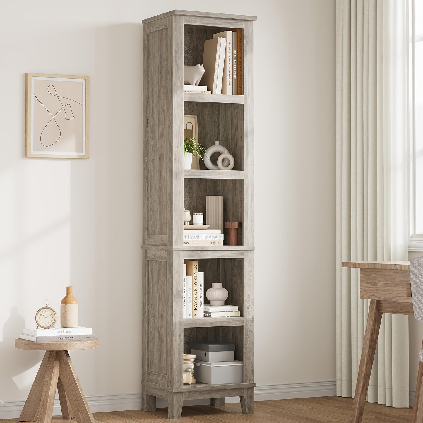 5-Tier Narrow Farmhouse Bookcase Bookshelf - Vintage Style Freestanding Floor Shelf with Sturdy Construction, Space-Saving Vertical Design & Easy Assembly, 68.58cm+ Height, Gray Finish for Home Office, Living Room, Bedroom -