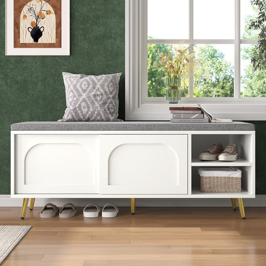 Schoenenbank – Schoenopbergbank – Schoenenkast – Zitbank – Opbergbank – Wit Rattan – Comfortabel Katoenen Kussen – Ruimtebesparend Design