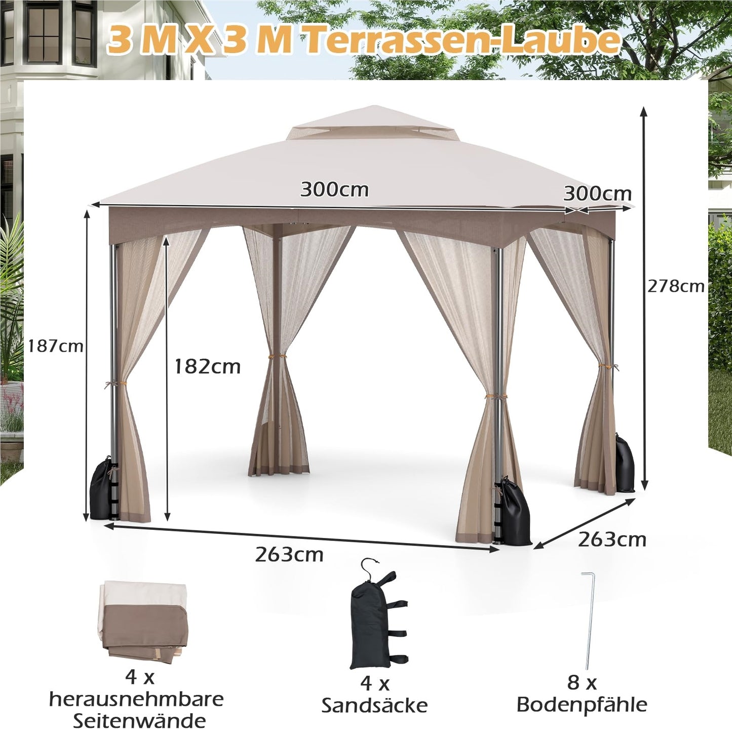 Tuinpaviljoen 3x3 meter – Tuinkamer – Terraspaviljoen – Partytent – Overkapping – Waterdicht dubbel dak – Stabiel metalen frame met muskietennetten
