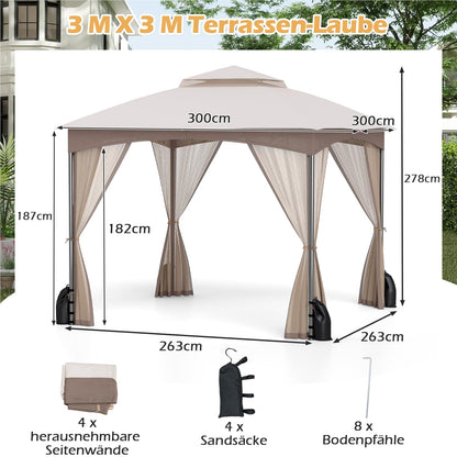Tuinpaviljoen 3x3 meter – Tuinkamer – Terraspaviljoen – Partytent – Overkapping – Waterdicht dubbel dak – Stabiel metalen frame met muskietennetten