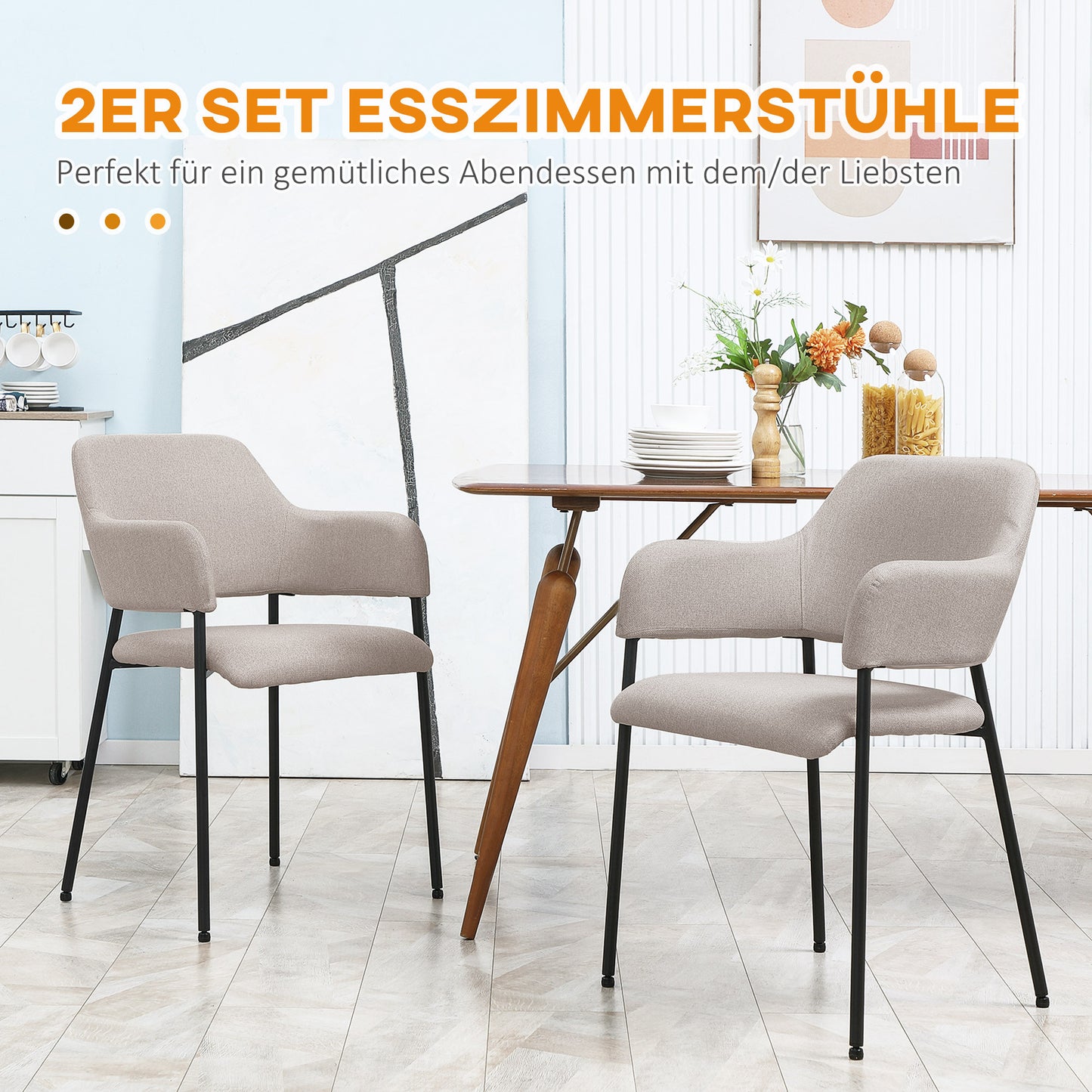 Eetkamerstoelen – Stoel – Kuipstoel – Keukenstoel – Zithoekstoel – Linnen Look Bekleding – Stalen Frame – Set Van 2 – Beige – Ergonomische Rugleuning – Antislip Voetdoppen