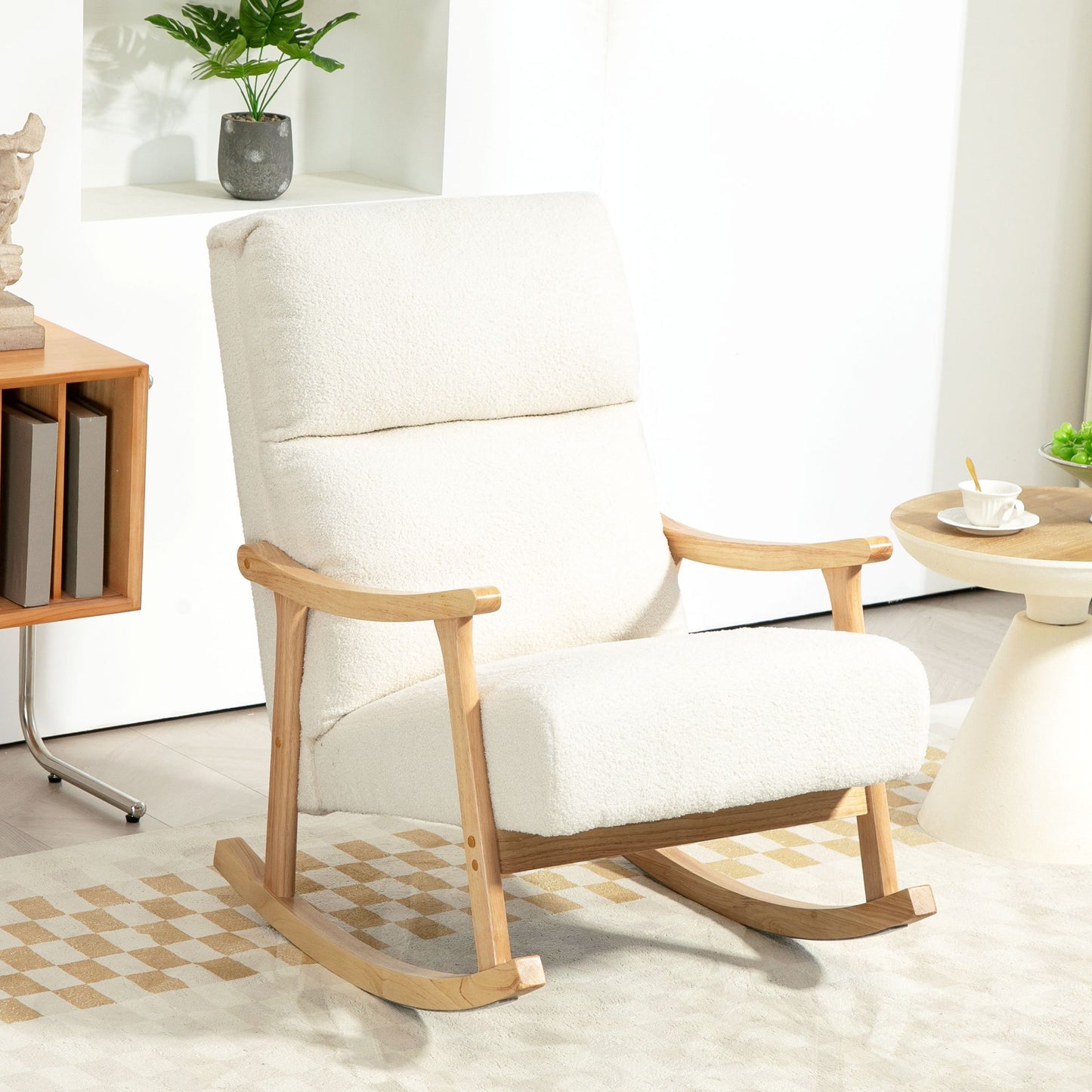 Schommelstoel – Relaxstoel – Fauteuil – Voedingsstoel – Loungestoel – Ergonomisch ontwerp – Beukenhouten frame met zachte fluwelen bekleding – Crème wit