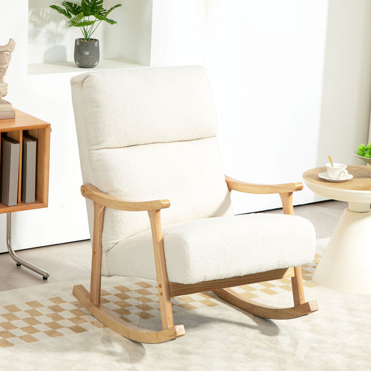 Schommelstoel – Relaxstoel – Fauteuil – Voedingsstoel – Loungestoel – Ergonomisch ontwerp – Beukenhouten frame met zachte fluwelen bekleding – Crème wit