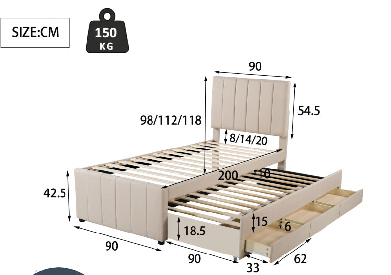 Hoogslaper – Kinderbed – Stapelbed – Zolderbed – Eenpersoonsbed – Linnen Bekleding Licht Beige – Uitschuifbaar Tweelingbed Met Opberglades – MDF En Metaal Frame