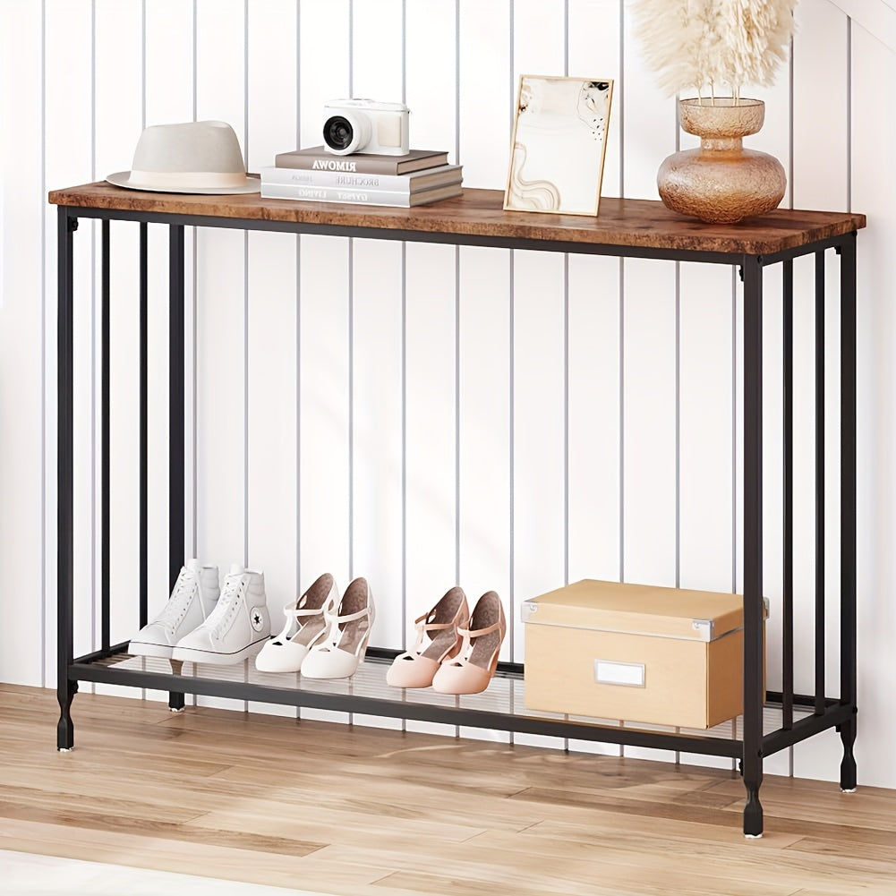 Smalle Sidetable – Smalle Tafel – Console Tafel – Haltafel – Banktafel – Rustiek Bruin – Ruimtebesparend Ontwerp – Stevig Metaal Met Glasplaat