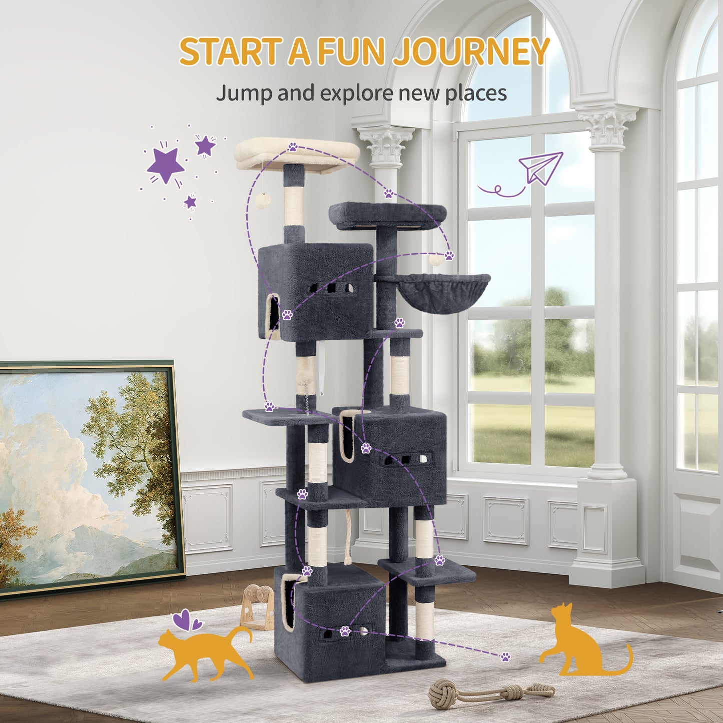 Kattenboom – Klimpaal – Krabpaal – Speelparadijs – Kattenmeubel – Donkergrijs – 193 cm Hoog – 7 Niveaus Met Sisal Krabpalen