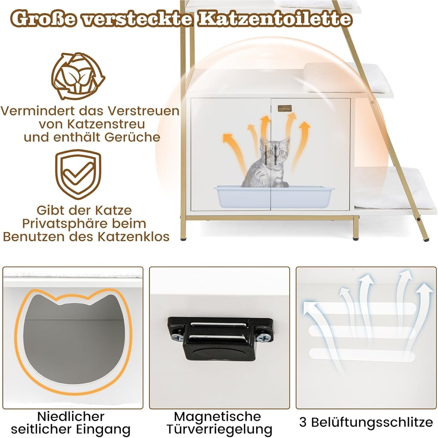 Kattentoiletkast – Kattenbakmeubel – Kattenkast – Kattenbakkast – Kattenhuis – Met 5 Wasbare Pluche Matten – Verstelbare Voeten & Ventilatieopeningen – Wit