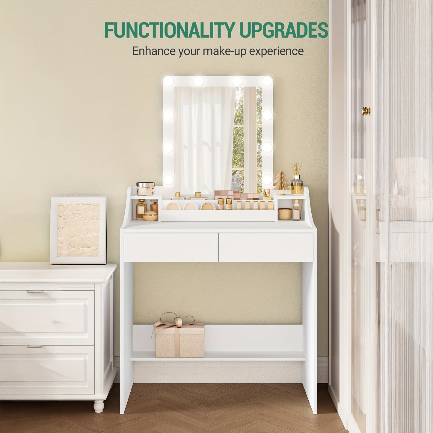 Make-uptafel – Kaptafel – Make-up Bureau – Schminktisch – Make-up Tafel Wit – Met Verstelbare LED-Verlichting – 2 Lades En 3 Open Vakken