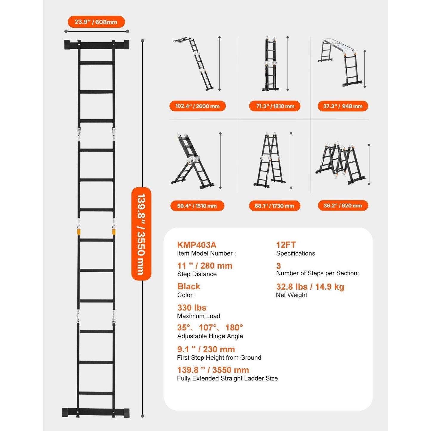 Vouwladder – Multifunctionele Ladder – Klappleder – Scharnierladder – Combiladder – 7-in-1 Design – Lichtgewicht Aluminium 150 kg Belastbaar