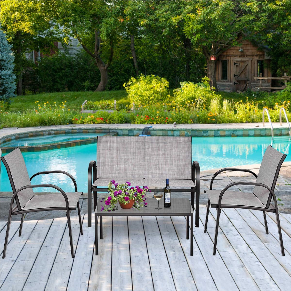 Tuinset 4-delig – Loungeset – Balkonmeubilair – Terrasmeubels – Buitenmeubels – Gepoedercoat IJzer – Gehard Glas Tafelblad