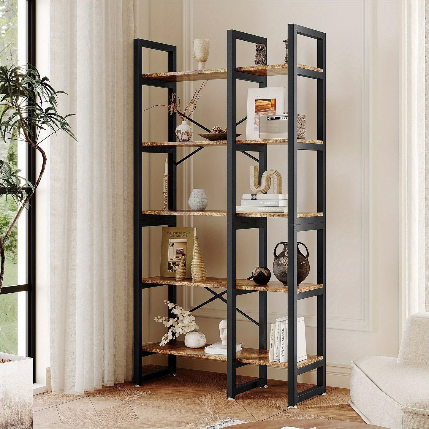 Boekenplank – Boekenrek – Wandplank – Wandrek – Opbergplank – 5-laags – Hout en Metalen Frame – Stevig en Compact – Makkelijk te Monteren