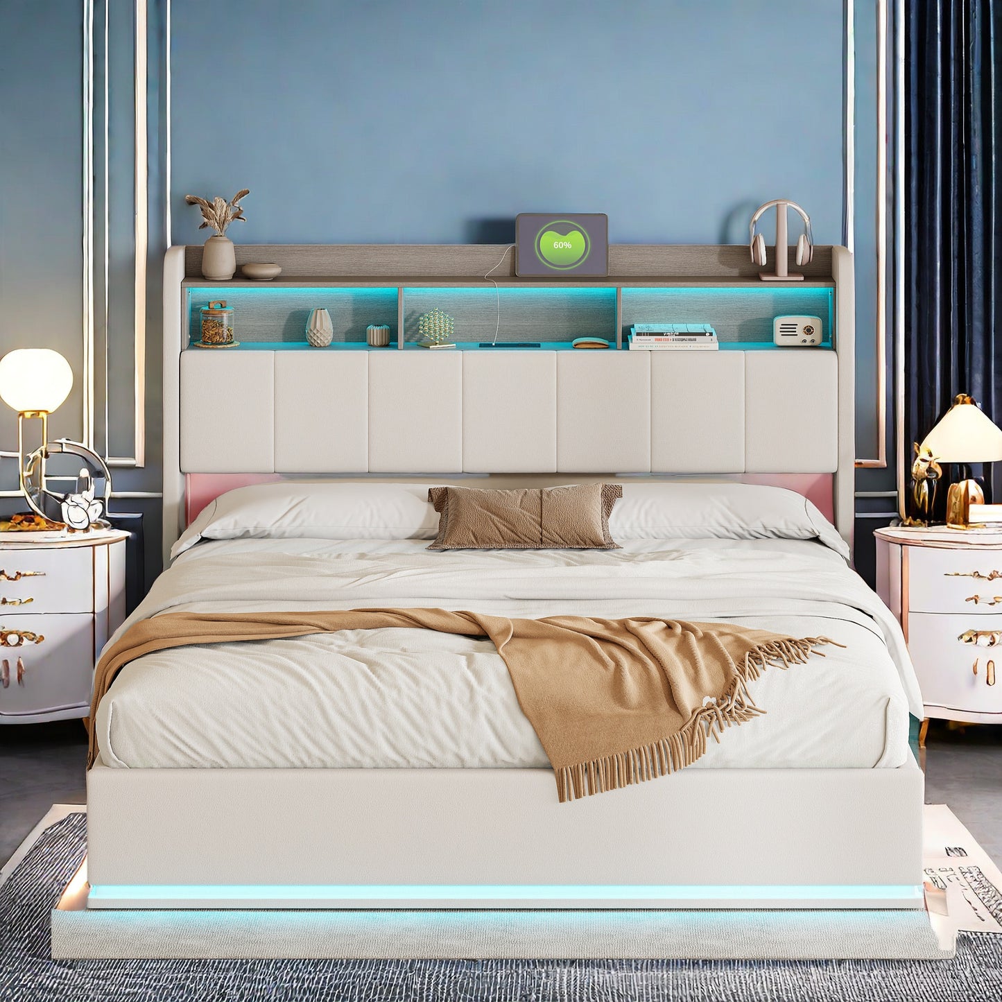 Tweepersoonsbed – Opbergbed – Slaapbank – Bedframe – Fluwelen Bed – 160x200 cm – LED-verlichting & USB-poorten – Met Opberglades