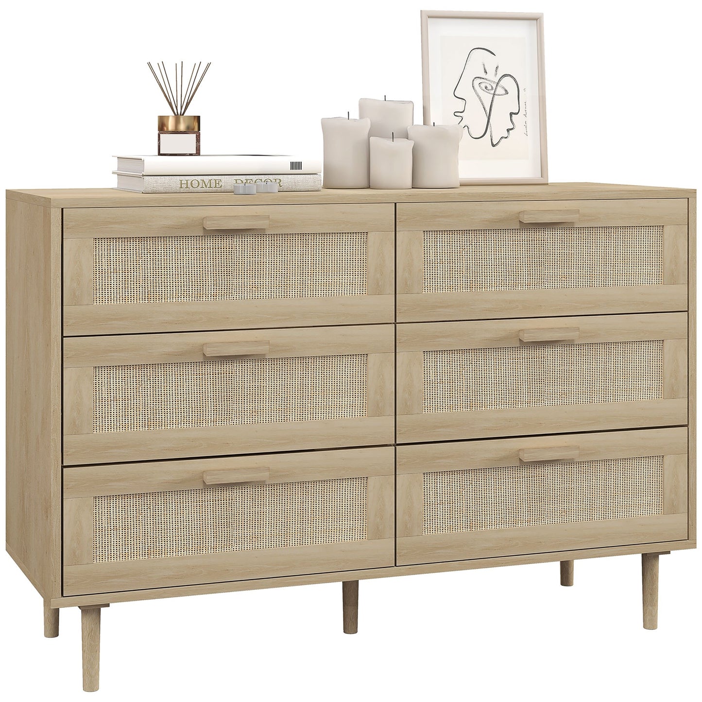 Opbergkast – Ladekast – Commode – Kast – Dressoir – 6 Lades – Rotan Geweven Front – Licht Hout – Compact Formaat – Stevige Constructie