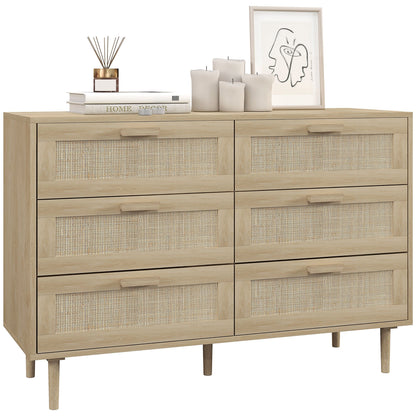 Opbergkast – Ladekast – Commode – Kast – Dressoir – 6 Lades – Rotan Geweven Front – Licht Hout – Compact Formaat – Stevige Constructie