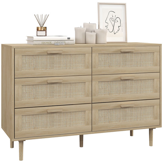 Opbergkast – Ladekast – Commode – Kast – Dressoir – 6 Lades – Rotan Geweven Front – Licht Hout – Compact Formaat – Stevige Constructie