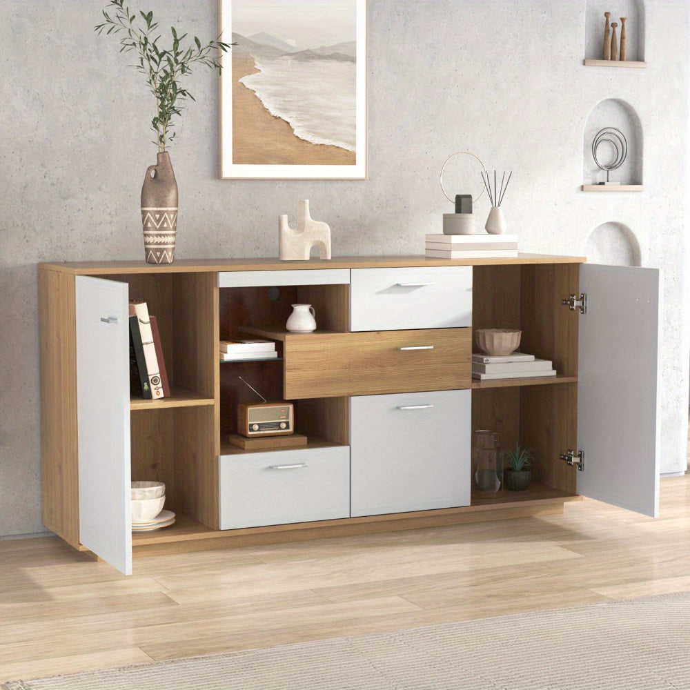 Modern White Wood-Look Foyer Storage Cabinet with 2 Doors, 4 Drawers & Glass Shelves - 160x40x77cm Multifunctional Sideboard for Living Room, Entryway, or Office - Easy Assembly, No Power Needed, Cabinet Storage, Entryway Org