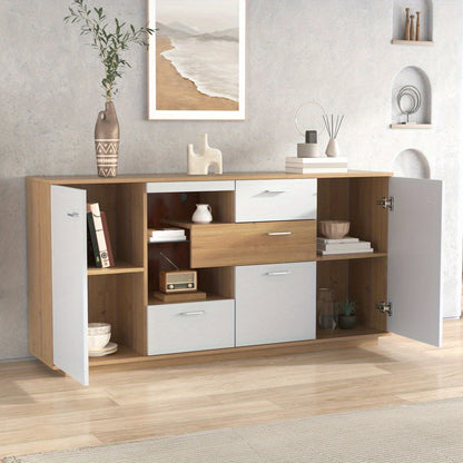Modern White Wood-Look Foyer Storage Cabinet with 2 Doors, 4 Drawers & Glass Shelves - 160x40x77cm Multifunctional Sideboard for Living Room, Entryway, or Office - Easy Assembly, No Power Needed, Cabinet Storage, Entryway Org