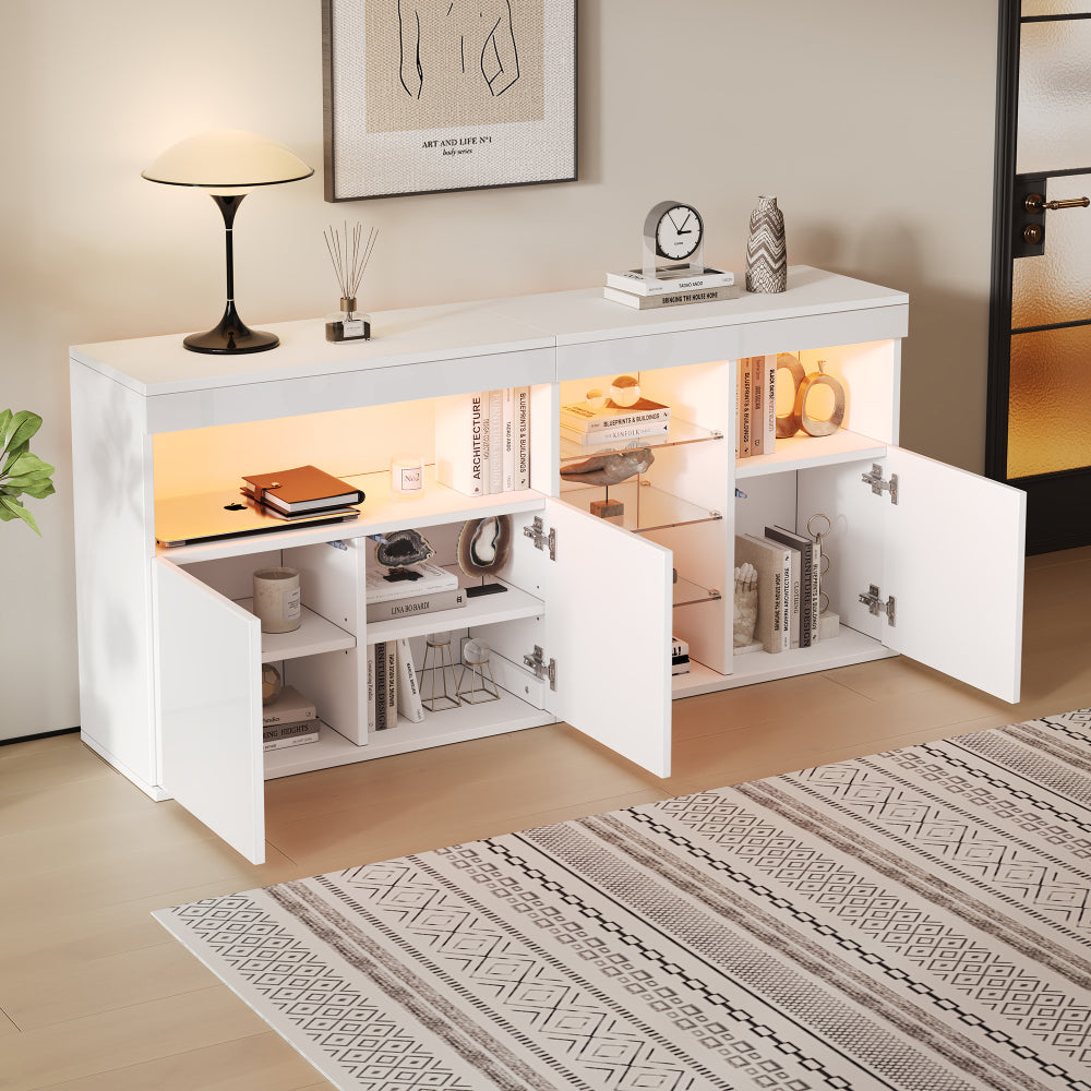 Modern Minimalist Handle-Look-Free Cabinet Suitable for Small Spaces - 3-Door Glass Shelf Storage Unit, Metal Frame Contemporary Sideboard for Living Room, Dining Room, Sofa - Assembly, Wood-Free (Some Assembly Required)