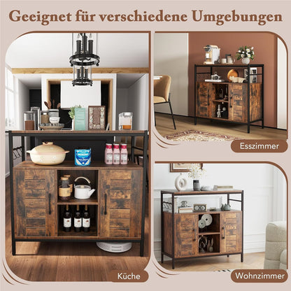 Houten Dressoir – Sideboard – Keukenkast – Buffetkast – Opbergkast – Industrieel – Verstelbare Planken – Inclusief 3 Haken – Bruin Zwart