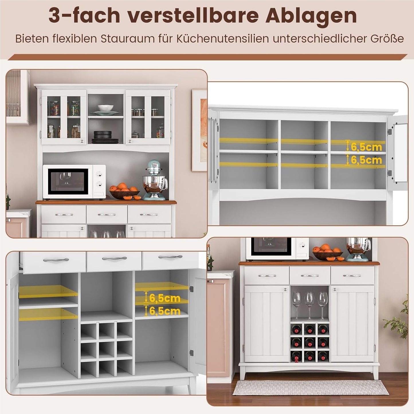 Keukenkast – Keukenbuffet – Opbergkast – Buffetkast – Voorraadkast – Hoogwit MDF – Verstelbare Glazen Planken – Wijnrek 9 Flessen – 112x43x184,5 cm