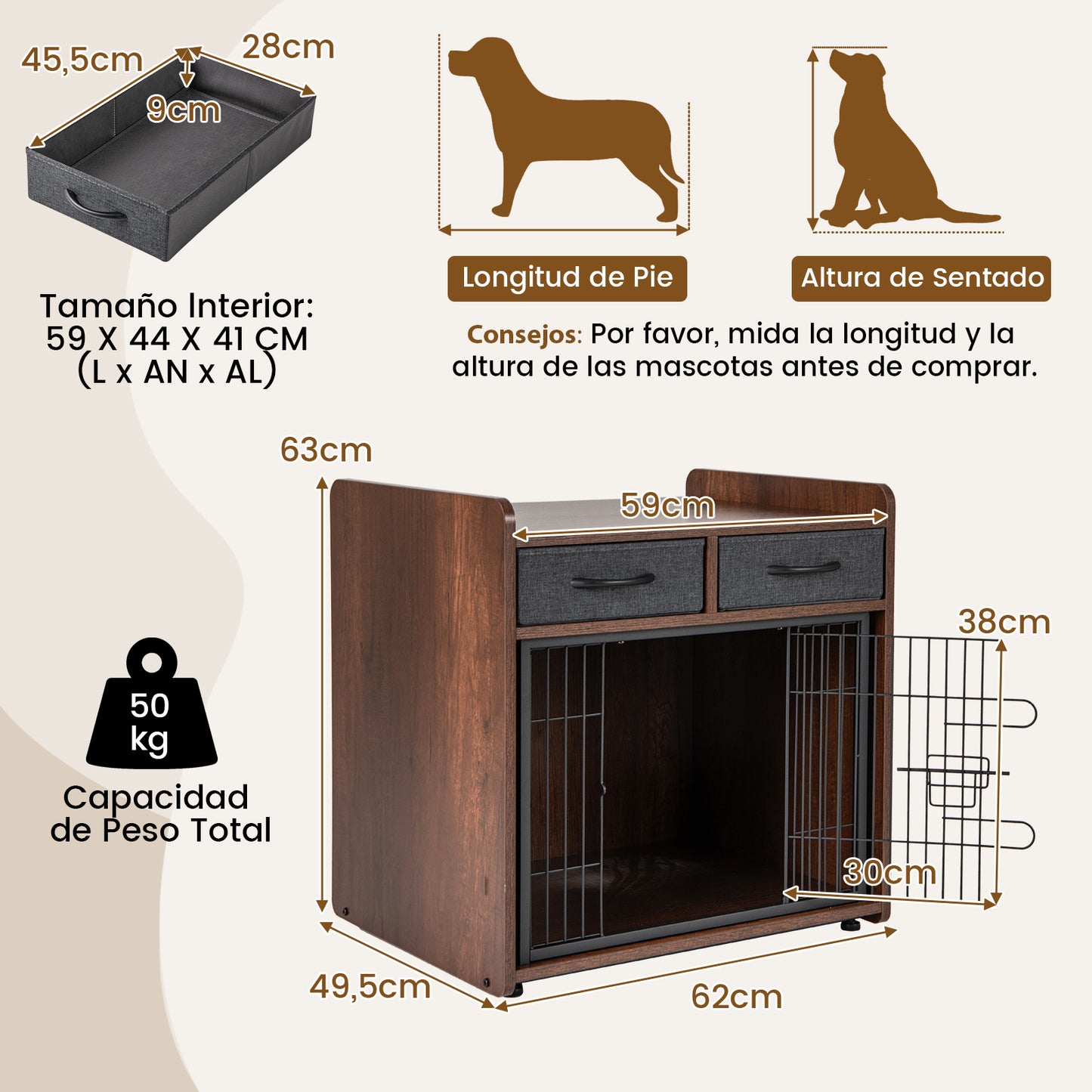 Hondenkennel – Hondenbench – Hondenkooi – Huisdierkooi – Binnengebruik – Industriële Stijl – Vergrendelbare Deur – Verstelbare Voetjes