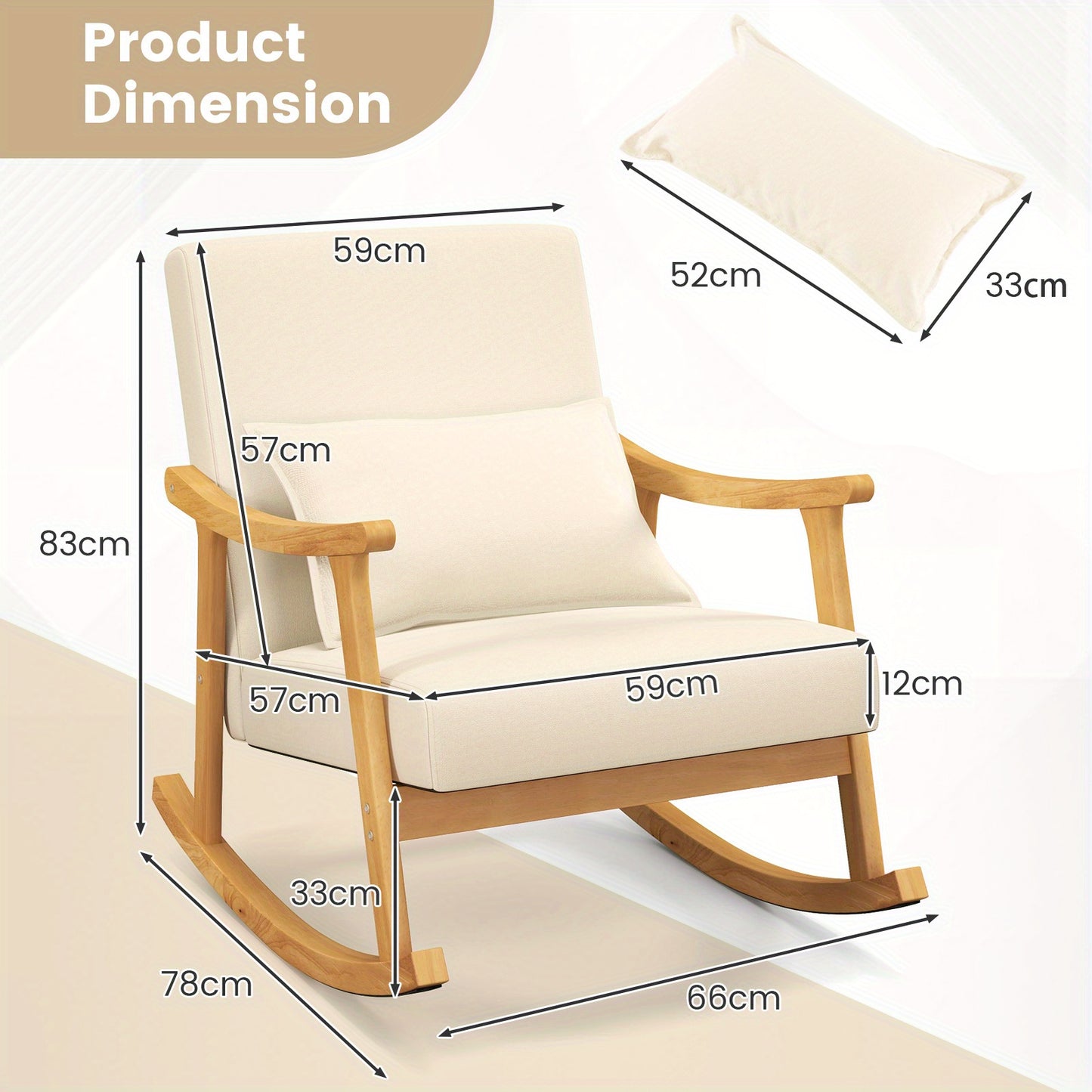 Schommelstoel – Rocking Chair – Schommelstoel met hoge rugleuning – Relaxstoel – Loungestoel – Beige variant – Stevig rubberhout frame – Zachte lendenkussen en ergonomisch ontwerp