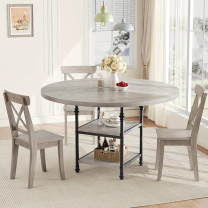 Eettafel Rond – Ronde Keukentafel – Eetkamertafel – Ronde Tafel – Eethoek – 4 Persoons – 3 Opbergplanken – 4,06 cm Dik Houten Blad Met Metalen Poten – Compact Modern Grijs Design